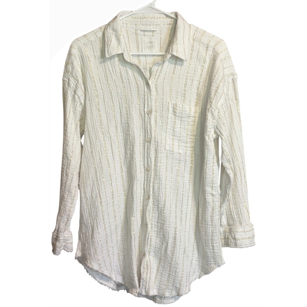 Aerie White Gold Stripe Gauze Button Front Shirt XS Crinkle Cotton Boho